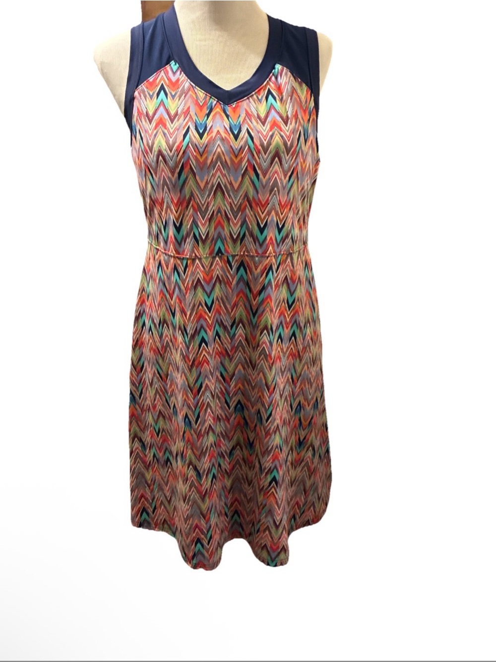 Title 9 Sleeveless Chevron Print A-Line Dress with Navy Trim L
